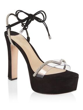 SCHUTZ Black Suede Brilliant platform sandals with Crystal and Clear Strap
